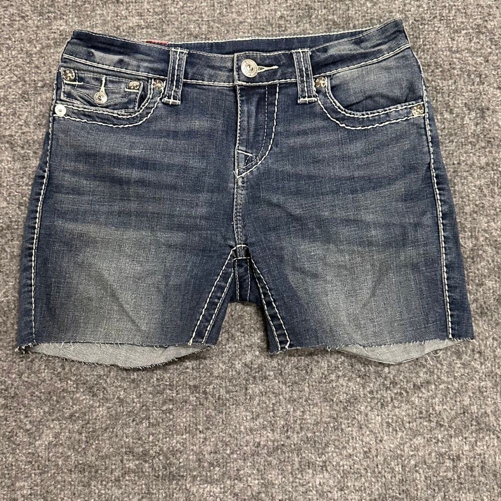 True Religion Shorts Womens Size 28 Blue Viscose Blend Raw Hem Thick Stitch Y2K